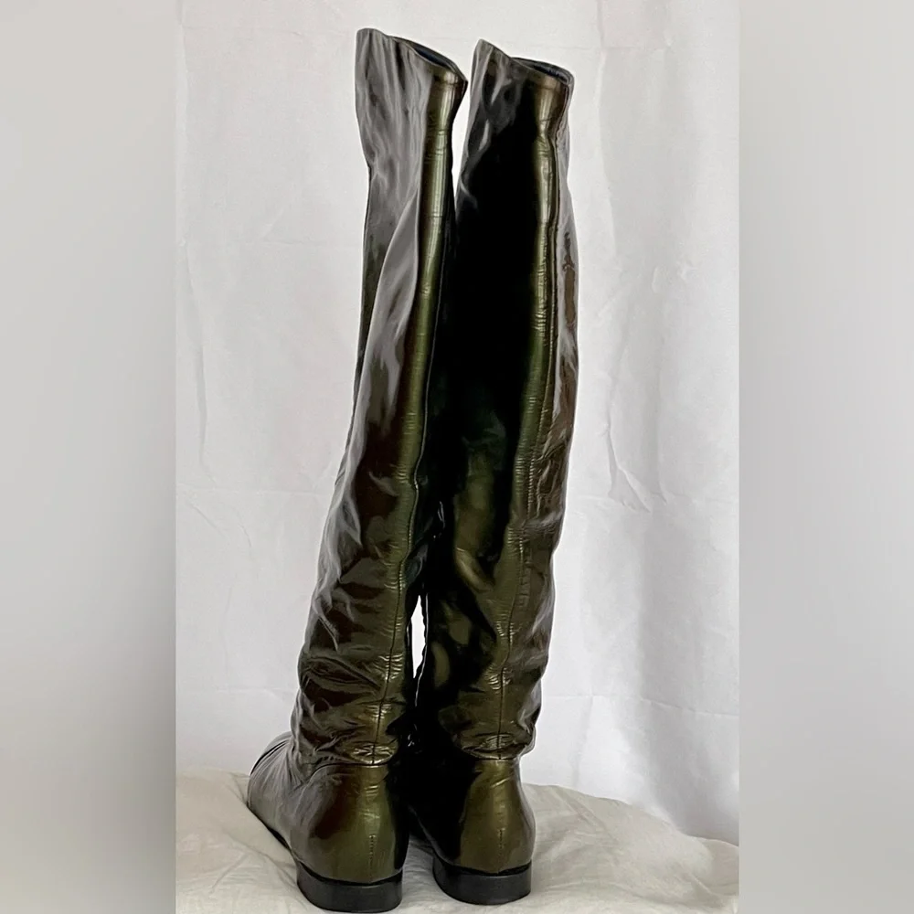 Sergio Rossi Patent Leather Over-the-Knee Boots Olive Green Size 38 Made in Ital